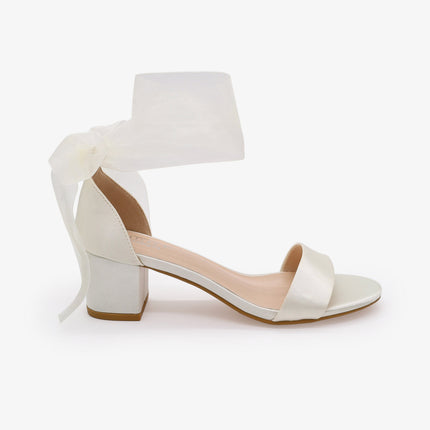 Satin Girls Block Heel Sandal with Wrapped Ribbon Tie