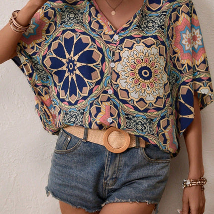 Boho Print V-Neck Short Sleeve Top – Summer Casual