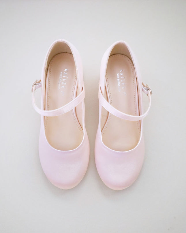Girls Satin Mary Jane Block Heel