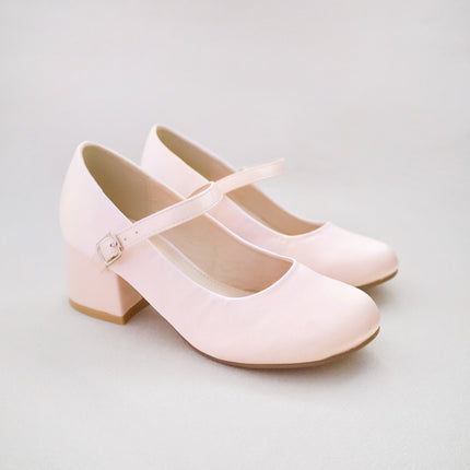 Girls Satin Mary Jane Block Heel
