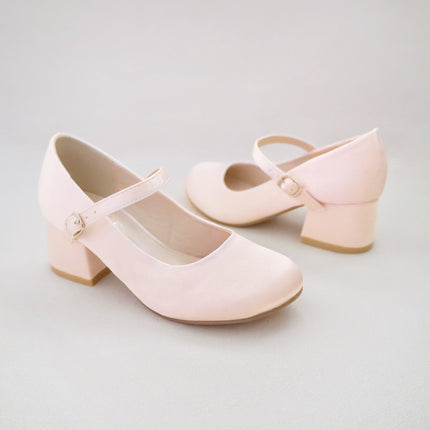 Girls Satin Mary Jane Block Heel