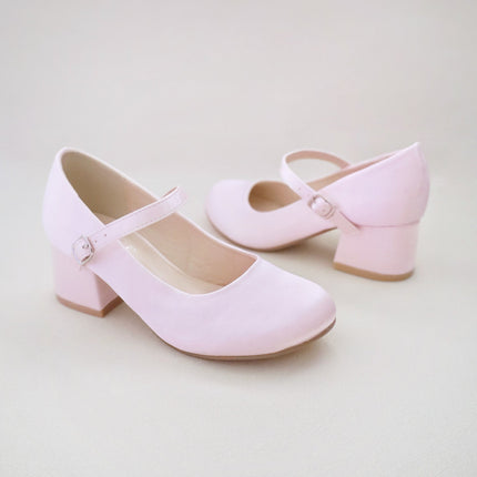 Girls Satin Mary Jane Block Heel