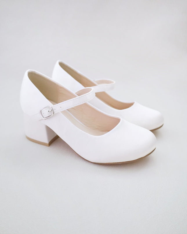 Girls Satin Mary Jane Block Heel