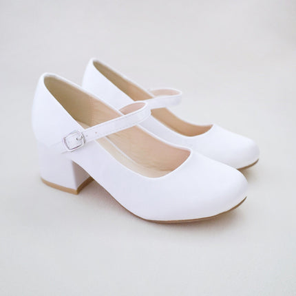 Girls Satin Mary Jane Block Heel