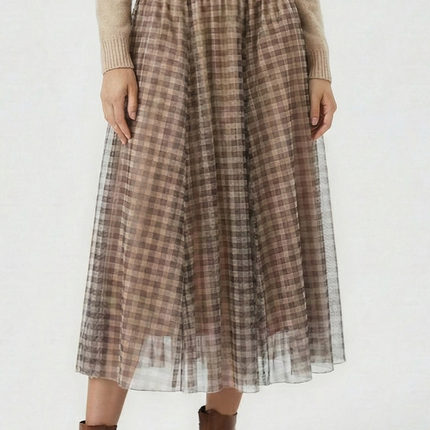 Plaid Tulle Midi Skirt