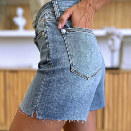 Judy Blue Full Size High Waist Raw Hem Denim Women Shorts