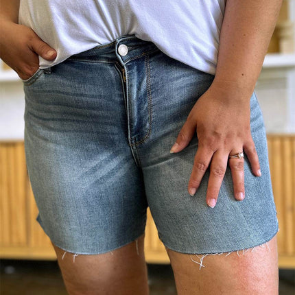 Judy Blue Full Size High Waist Raw Hem Denim Women Shorts