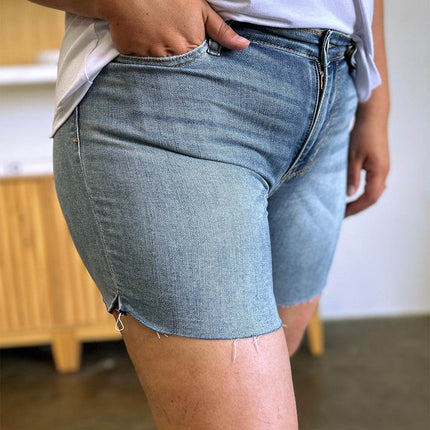 Judy Blue Full Size High Waist Raw Hem Denim Women Shorts