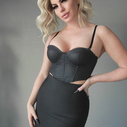 Ladies Black Pvc Vegan Leather Corset with Lace Back Detail