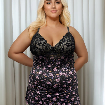 Ladies  Pink Floral Printed Chemise with Lace Detail at Bust