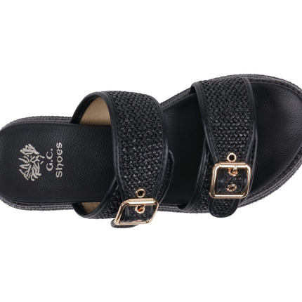 Lorena Black Woven Double Band Slide Platform Sandals