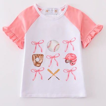 Pink baseball bow tie girl top