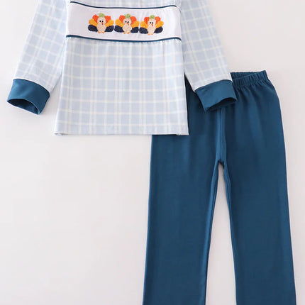 Blue thanksgiving turkey french knot boy set