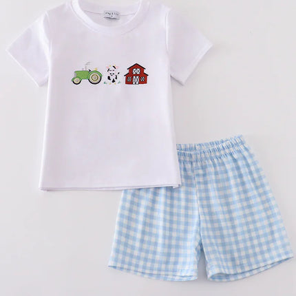 Blue farm embroidery boy set