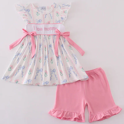 Pink bow I love mommy embroidery girl set