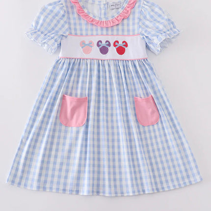 Blue character embroidery gingham ruffle