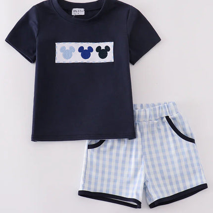 Navy character embroidery gingham shorts