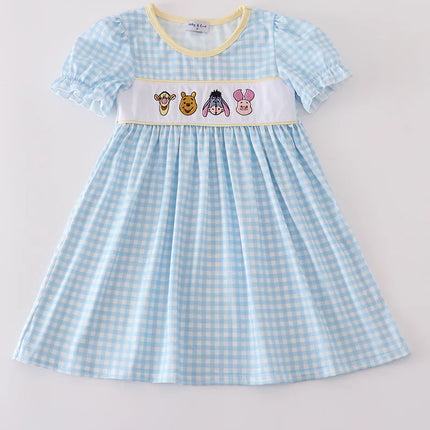 Blue character embroidery gingham dress