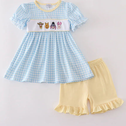 Blue character embroidery gingham ruffle Short Set