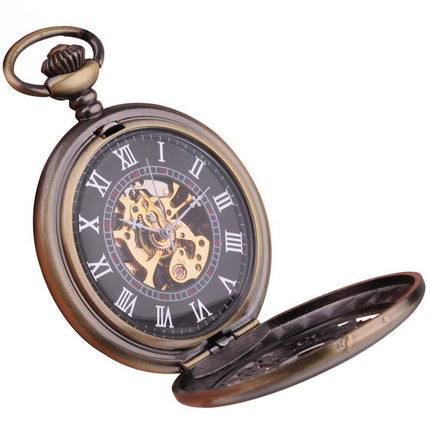 Men's Roman Brass Mechanical Hand Wind Pocket Watch