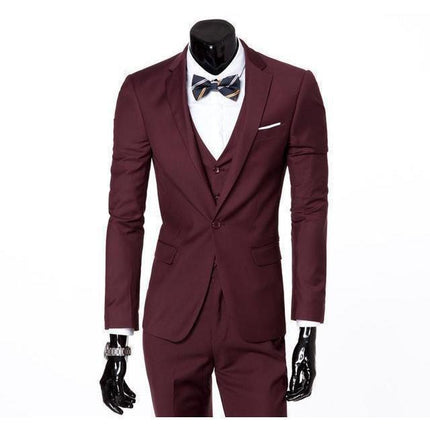 Men's Wine One Button Slim Fit Suit - Three Piece