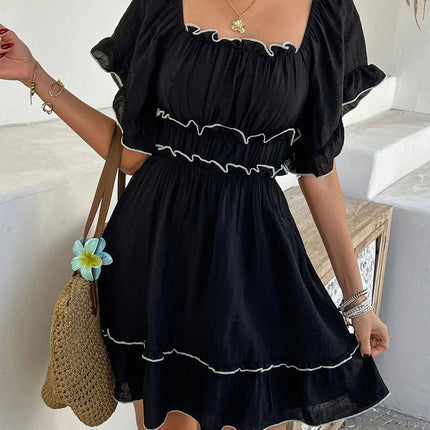 Black French Square Collar Ruffled Short Sleeves Dress Women Summer Color Matching Waist A line Dress Vacation Dress