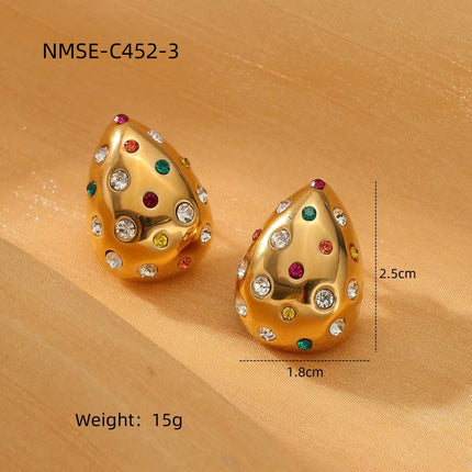 18K Gold Chubby Water Drop Stainless Steel Earrings Women Fashionable Diamond-Embedded Titanium Steel Ear Studs Earrings
