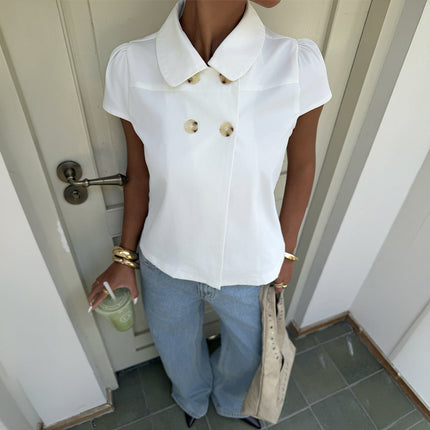 Spicy Girl Elegant Button Short Sleeve Shirt T shirt Top Women Clothing Summer