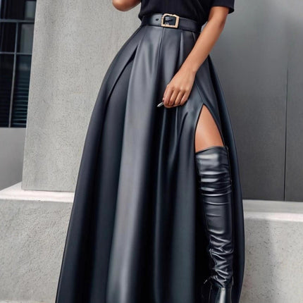 Faux Leather Skirt All Match Large Swing Split Leather Skirt Mid Length Irregular Asymmetric Maxi Dress Cover Slim