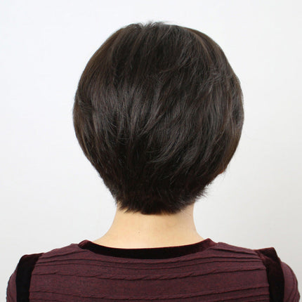 Women's Short Straight Real Human Hair Wig | Sheath Middle-Aged & Elderly Mother Style Full Head Wig with Oblique Bangs (Natural Look, Volume & Gray Coverage)