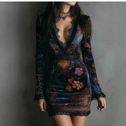 V neck Lace Printed Long Sleeved Dress Sexy Waist Trimming Hip Dress