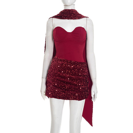 Halter Ribbon Asymmetric Pleated Draped Mini Dress