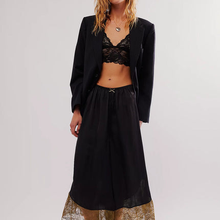 Women Lace Satin Stitching Loose Wide Leg Casual Trousers Office