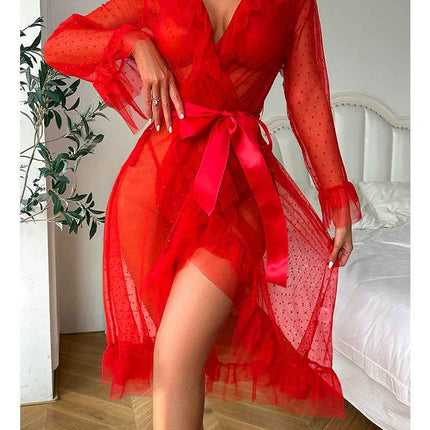 See through Nightgown Ruffled Lace up Sleepwear Set