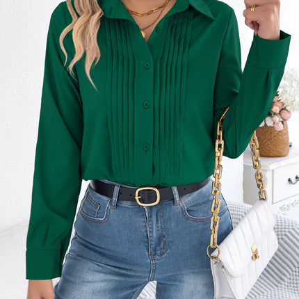 Women Clothing Spring Summer Elegant Pleated Solid Color Buttons Long Sleeve Office Shirt