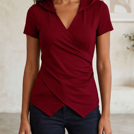 Women Clothing Summer V neck Solid Color Slim Slimming Irregular Asymmetric Short Sleeve T shirt Top