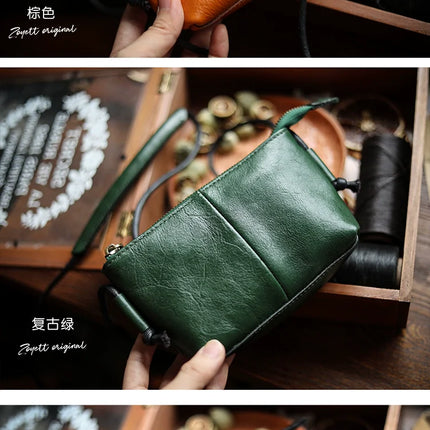 Genuine Leather Retro Portable Phone Bag | New Top Layer Cowhide Crossbody for Women (Pure Color)