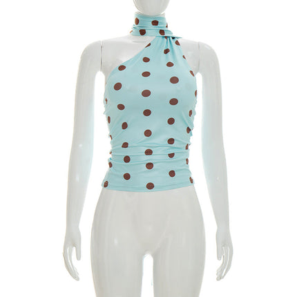 Women Sexy Slim Vest Wave Dot Double Layer Scarf Detail Top