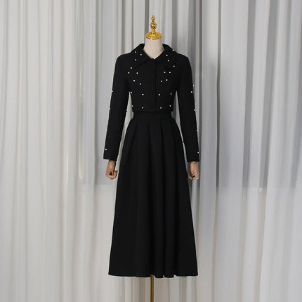 Spring Elegant Pleated Slim Maxi Dress Solid Color Beaded Collared Long Sleeve Two Piece Sets Women