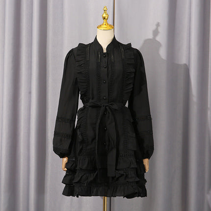 Spring Waist Controlled Short Skirt Stitching Single Breasted Vacation Lace up Dress Women Short Women Clothing