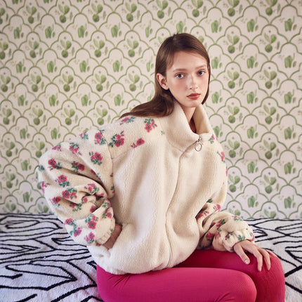 Winter Women Clothing Loose Polar Fleece Floral Stitching Zipper Collared Lamb Wool Coat