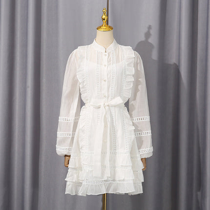 Spring Waist Controlled Short Skirt Stitching Single Breasted Vacation Lace up Dress Women Short Women Clothing