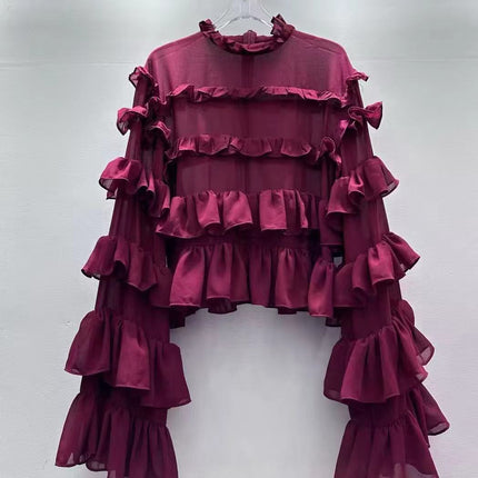 Korean Personalized Comfortable Ruffled Shirt Autumn Niche Design Solid Color Loose Top for Women