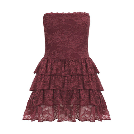 Sexy Leather Bra Strap Lace Stitching Puffy Tiered Dress Summer Set