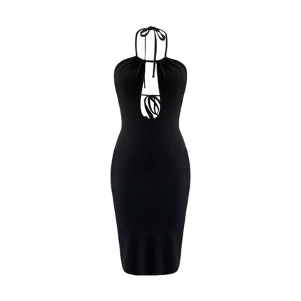 Sexy Hollow Out Cutout-out Halter Dress Women Summer Seaside Beach Backless Slit Slim Fit Niche Sexy Dress