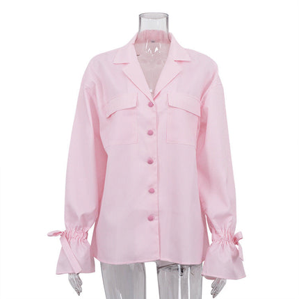 Fashionable Striped Office French Shirt for Women Spring Autumn Printing Collared Bell Sleeve Loose Pockets Shirt