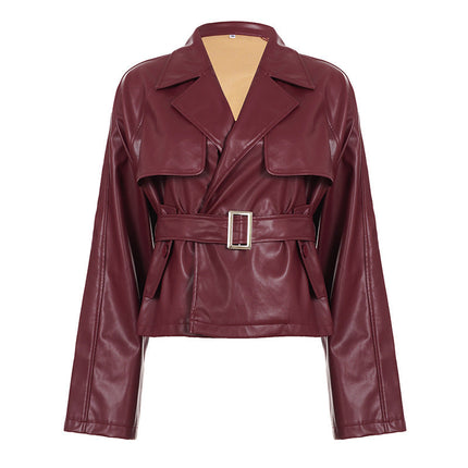 Women Clothing Japanese Buckle Belt Leather Coat Solid Color Windbreaker Sexy Long Sleeved Top Autumn Winter Outer Tower
