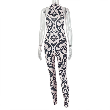 Women Striped Jumpsuit Sexy Halter Turtleneck Backless Print Long Jumpsuit