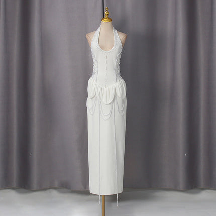 French Halter Solid Color Dress Spring Waist Tight Slimming Sheath Diamond Beaded Dress Women