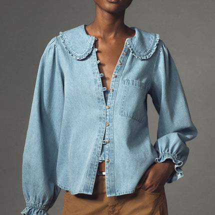 Women Spring Autumn Casual Retro Lightweight Denim Long Sleeved Shirt